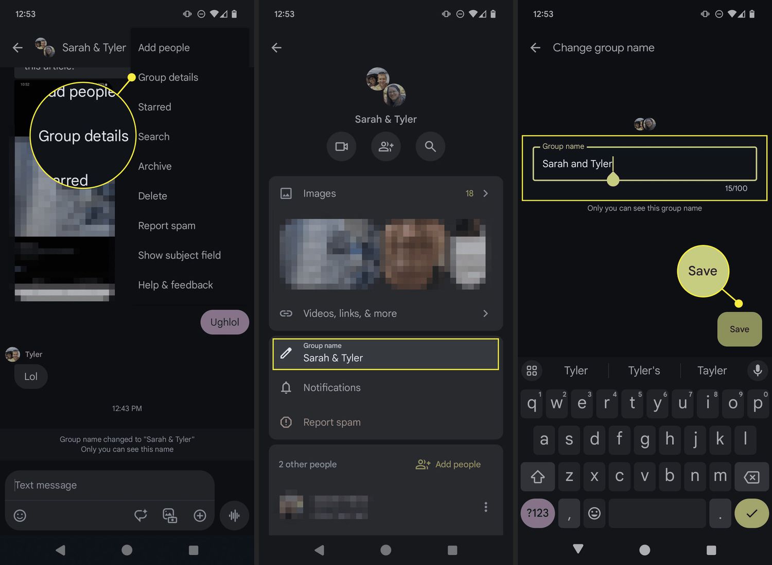 Group details, Group name, the text box, and Save highlighted in Messages for Android