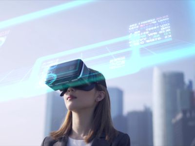 Someone wearing a VR headset outdoors with the displayed overlayed on the screen.