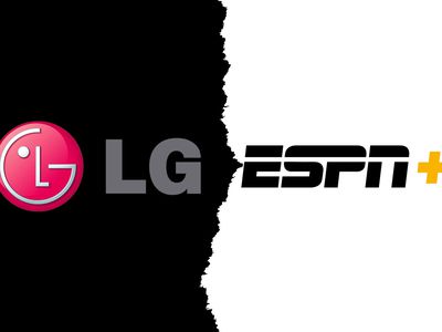 The LG logo on a black background next to the ESPN+ logo on a white background with a torn-paper effect between them