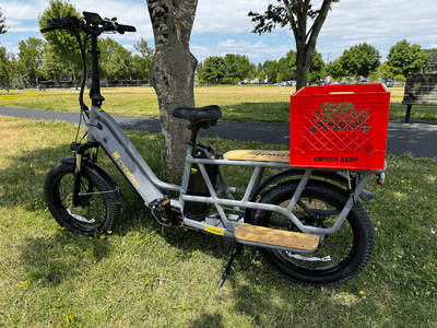 Cargo e-bike with milk crate attached to rear board.