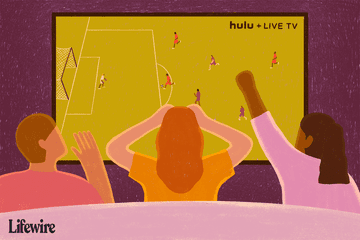 Three people watching a soccer game on Hulu + Live TV