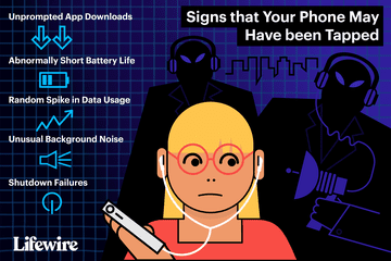 Illustration of worried woman holding phone, hackers lurking.