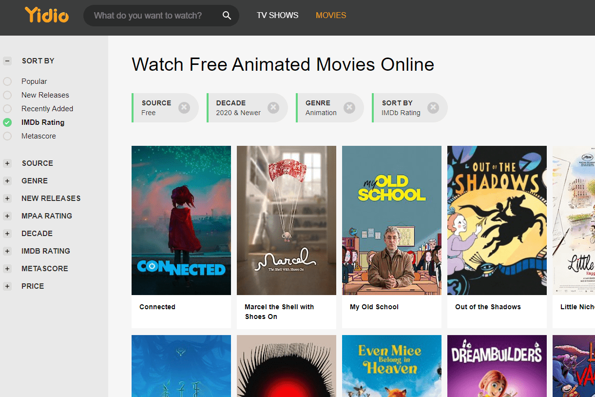 Free animated movies listed on Yidio